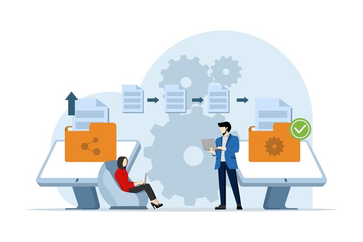 Vector ilustración del concepto de transferencia de archivos con carácter comercial que transfiere archivos entre dispositivos