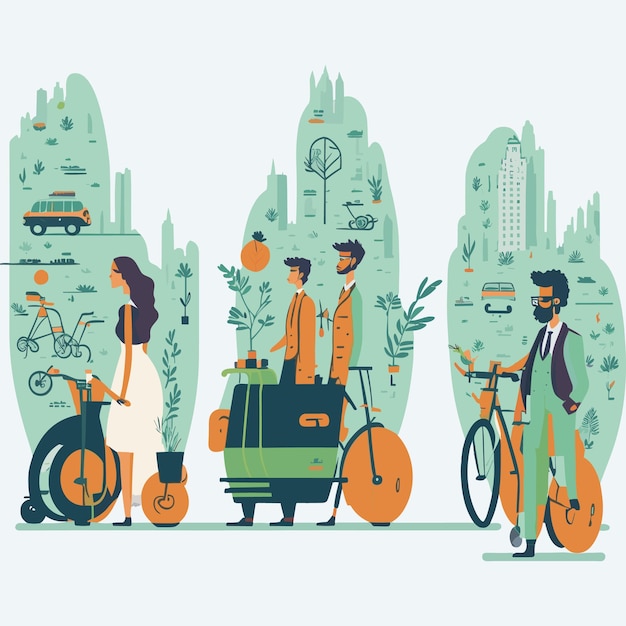 Vector ilustración del concepto de transporte sostenible colecciones de personajes masculinos y femeninos que muestran beneficios