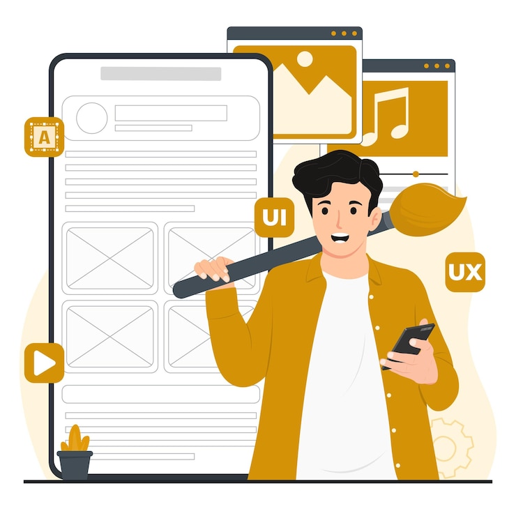 Vector ilustración del concepto de uix móvil uiux desarrollo diseño programación aplicación móvil