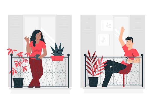 Ilustración del concepto de vecinos en los balcones/ventanas