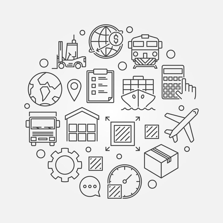 Vector ilustración de concepto de vector circular de logística global en estilo de línea fina