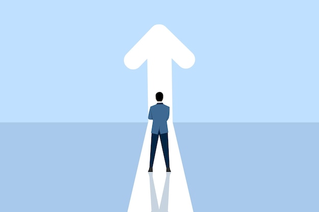 Ilustración del concepto de vector de crecimiento empresarial o profesional con un empresario caminando hacia la flecha hacia arriba