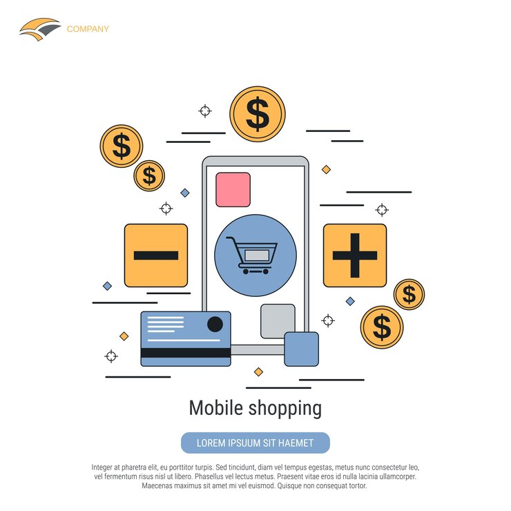 Vector ilustración de concepto de vector de estilo de contorno plano de compras móviles