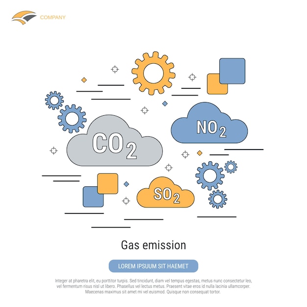 Ilustración de concepto de vector de estilo de contorno plano de efecto invernadero de emisión de gas