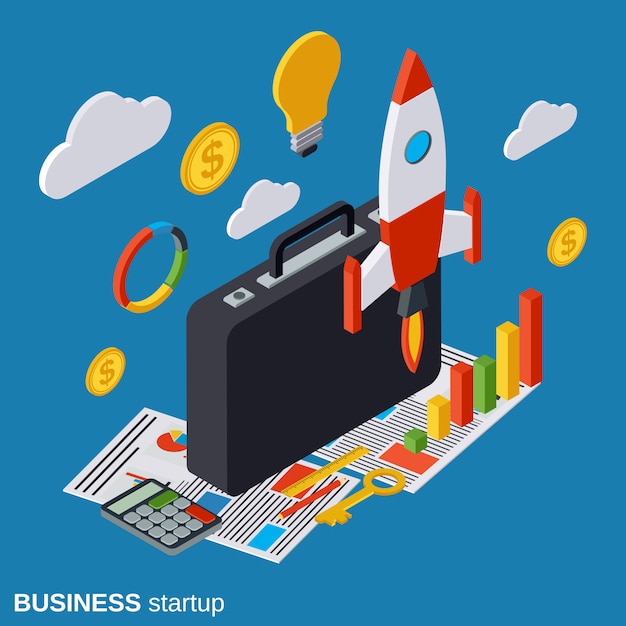 Ilustración de concepto de vector isométrica de inicio de negocios