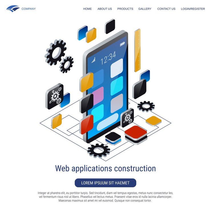 Vector ilustración del concepto de vector isométrico 3d de construcción de aplicaciones web