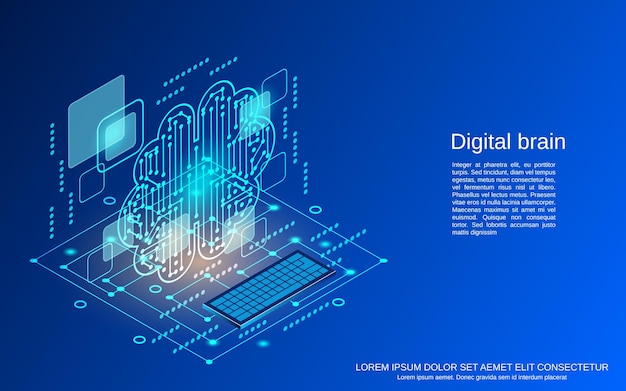 Ilustración de concepto de vector isométrico 3d plano de cerebro digital