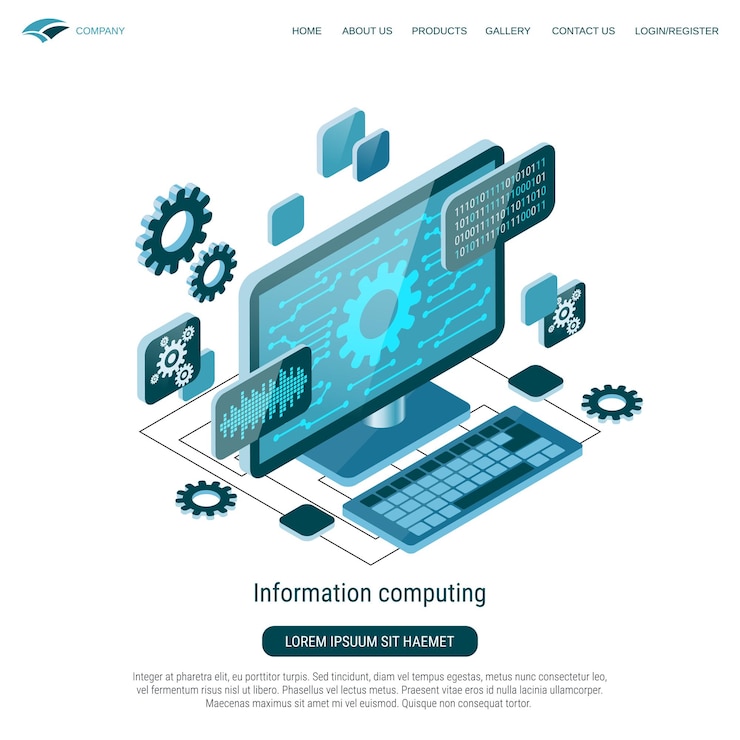 Vector ilustración del concepto de vector isométrico 3d plano de computación de información