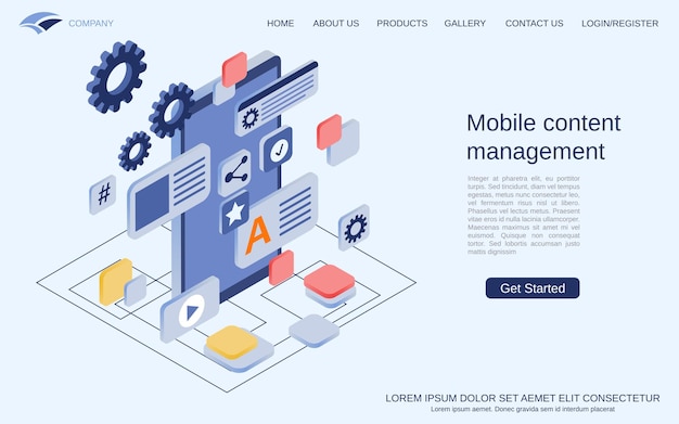 Ilustración de concepto de vector isométrico 3d plano de desarrollo de CMS de gestión de contenido móvil