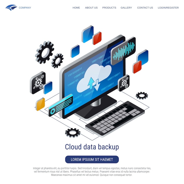 Ilustración del concepto de vector isométrico 3D de respaldo de datos en la nube