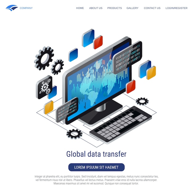 Ilustración del concepto de vector isométrico 3D de transferencia de datos global