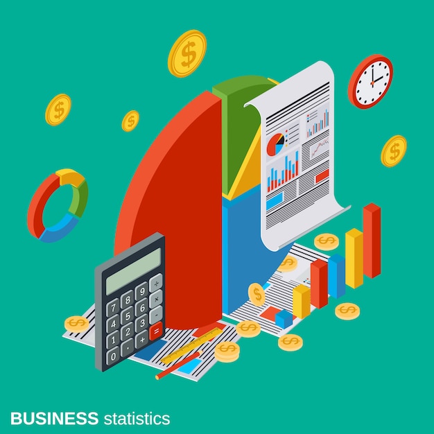 Ilustración de concepto de vector isométrico plano de estadísticas comerciales