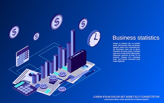 Ilustración de concepto de vector isométrico plano de estadísticas comerciales