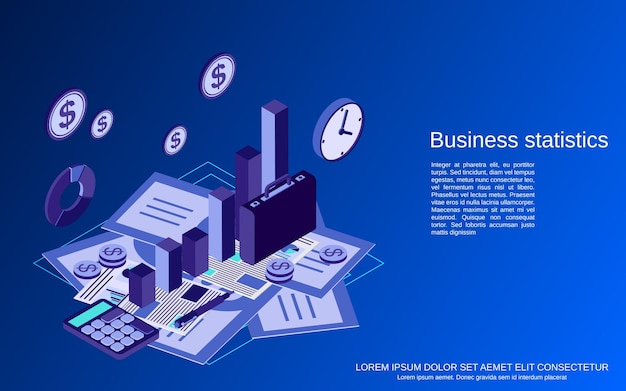 Ilustración de concepto de vector isométrico plano de estadísticas comerciales