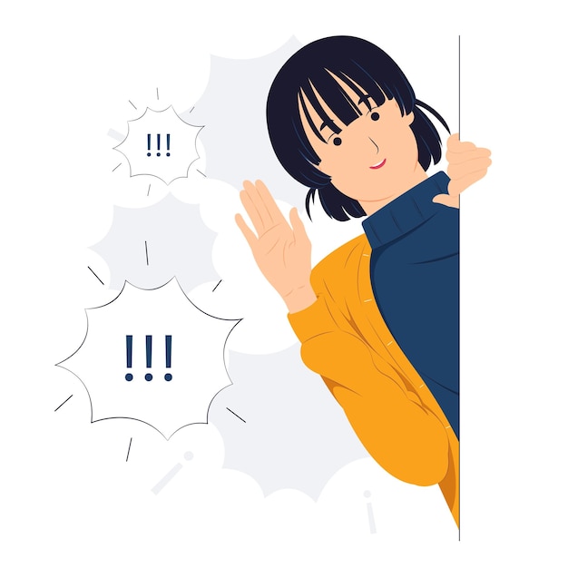 Ilustración del concepto de vector Mujer joven alegre dice hola de pie detrás de una pared mientras mira a escondidas con curiosidad sorprendida sorprendida Sorprendida mirando a escondidas escuchando el descubrimiento y prestando atención al estilo de dibujos animados planos