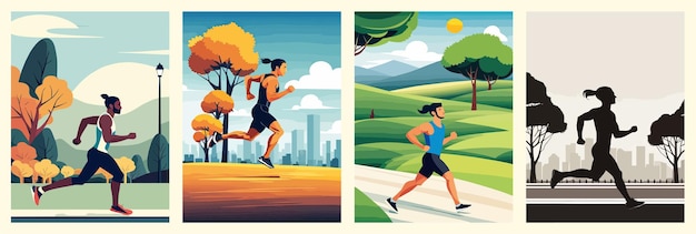 Ilustración del concepto de vector plano del conjunto de pancartas atleta masculino corriendo en el bosque del parque o el paisaje callejero