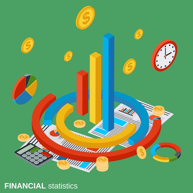 Ilustración de concepto de vector plano isométrico de estadísticas financieras