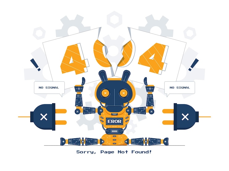 Vector ilustración del concepto de vector robot con página no encontrada error 404 estilo de dibujos animados planos
