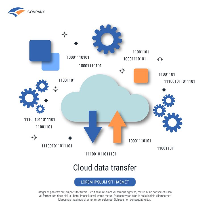 Vector ilustración del concepto vectorial de estilo plano de copia de seguridad remota de intercambio de información de transferencia de datos en la nube