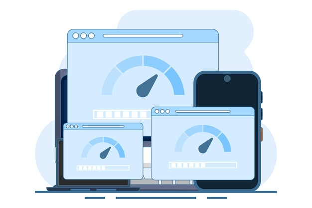 Ilustración concepto de velocidad de Internet o dispositivo con prueba de velocidad de conexión a Internet en pantalla