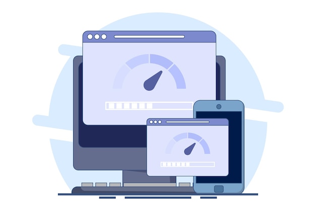Ilustración concepto de velocidad de Internet o dispositivo con prueba de velocidad de conexión a Internet en pantalla
