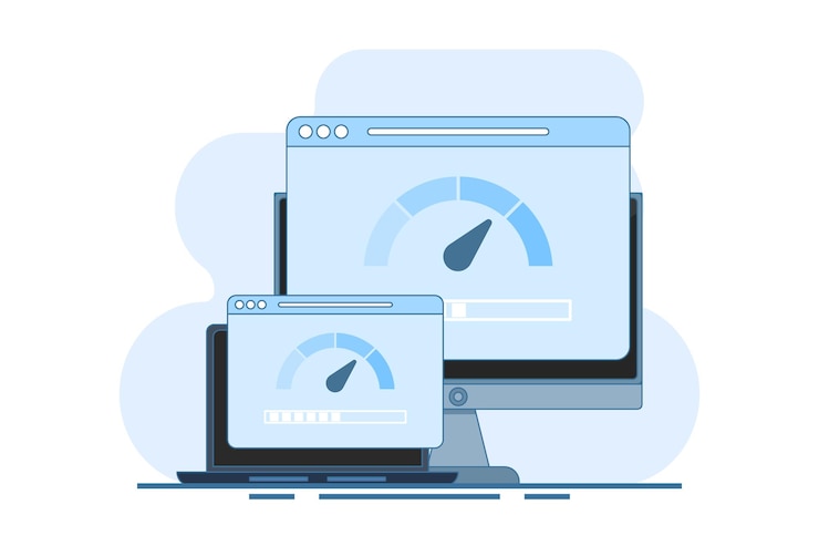 Vector ilustración concepto de velocidad de internet o dispositivo con prueba de velocidad de conexión a internet en pantalla