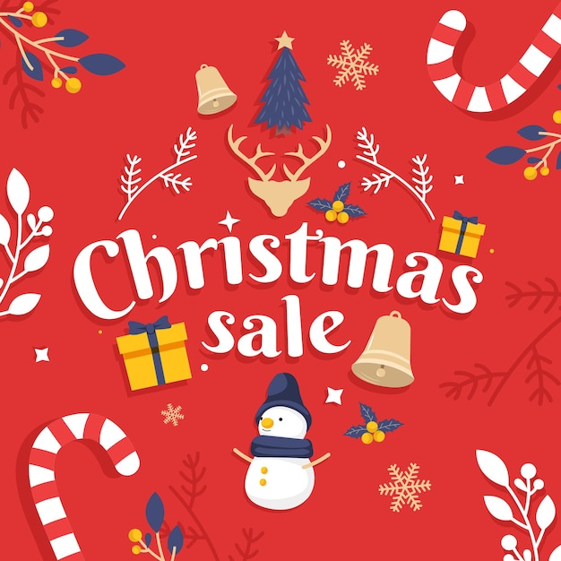 Ilustración de un concepto de venta navideña con colores llamativos y varios elementos navideños