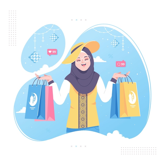 ilustración de concepto de venta de ramadán de compras de niña islámica