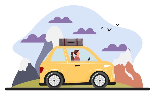 Vector ilustración del concepto de viaje por carretera con el hombre conduciendo un coche amarillo pájaros del cielo de montaña en el fondo