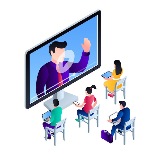 Ilustración de concepto de webinar video de computadora, estilo isométrico