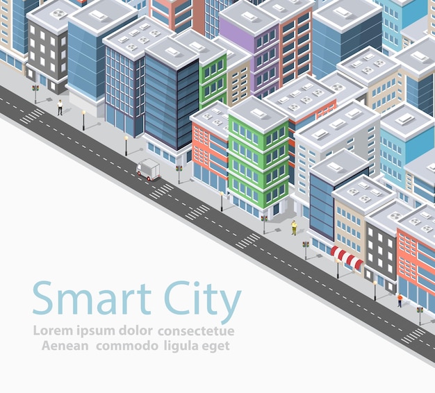 Ilustración conceptual de la ciudad urbana isométrica inteligente casas calles y edificios