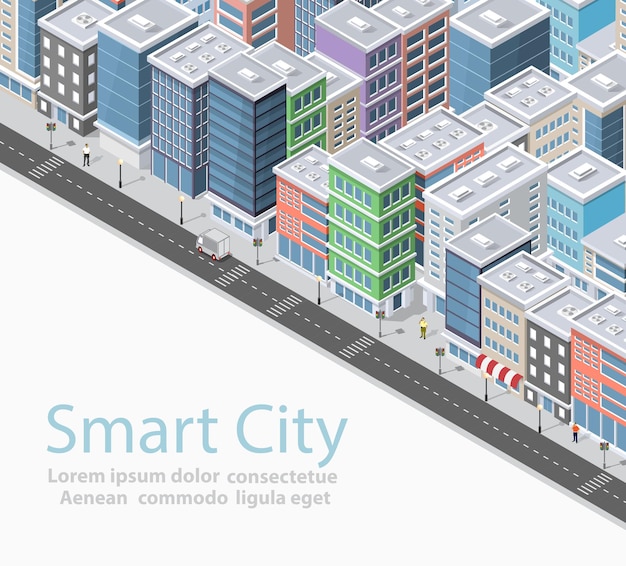 Vector ilustración conceptual de la ciudad urbana isométrica inteligente casas calles y edificios