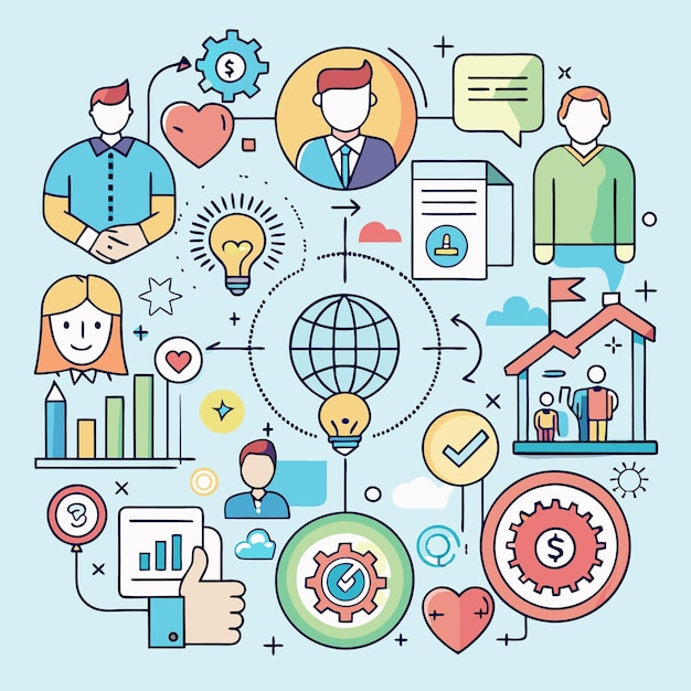 Ilustración conceptual colorida que muestra el crecimiento del negocio con ideas de trabajo en equipo, finanzas y estrategia