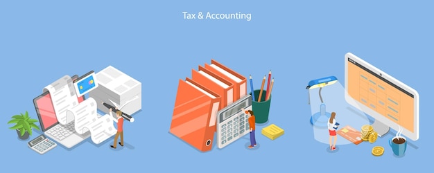 Ilustración conceptual de la contabilidad y la gestión financiera en vectores planos isométricos 3D