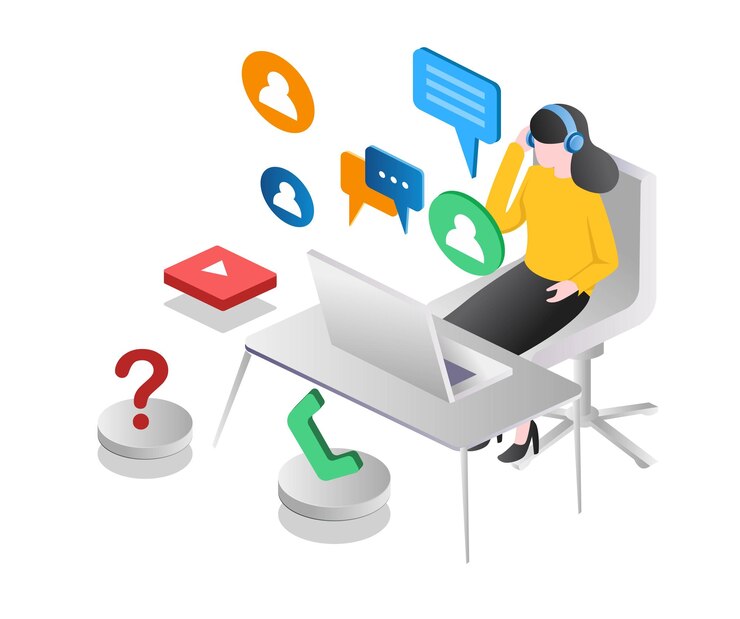 Vector ilustración conceptual de la discusión en línea del servicio al cliente isométrico en la computadora con un auricular