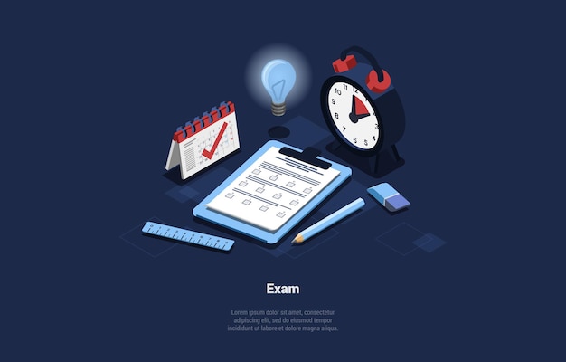 Ilustración conceptual de examen en estilo de dibujos animados 3D. Composición isométrica con conjunto de estudiar elementos relacionados