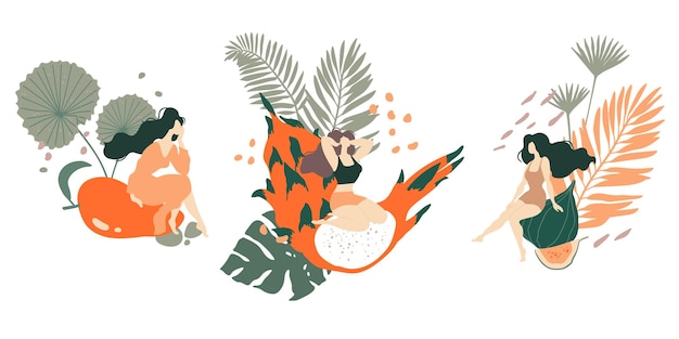 Vector ilustración conceptual con frutas exóticas de mujer y hojas de la selva