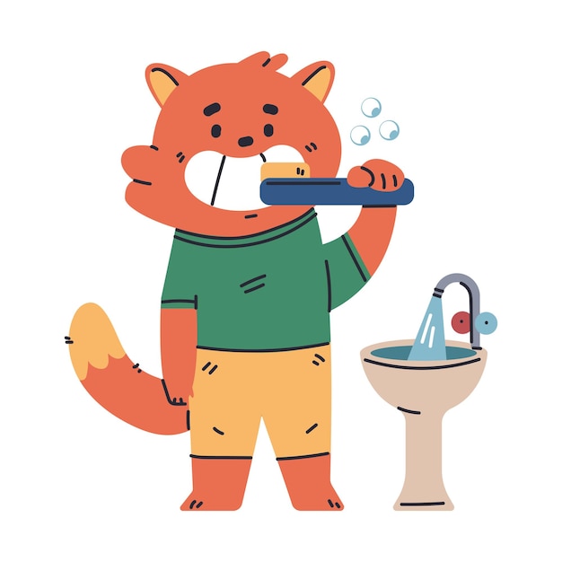 Ilustración conceptual de higiene de dibujos animados vectorial de bebé gato cepillándose los dientes aislada sobre un fondo blanco