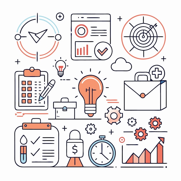 Una ilustración conceptual con iconos de líneas que representan la estrategia de planificación empresarial, la gestión del tiempo y el logro