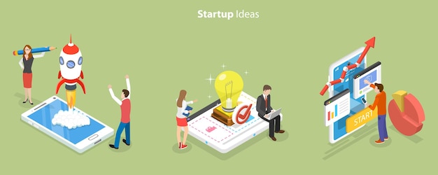 Ilustración conceptual de ideas de puesta en marcha de vectores planos isométricos 3D