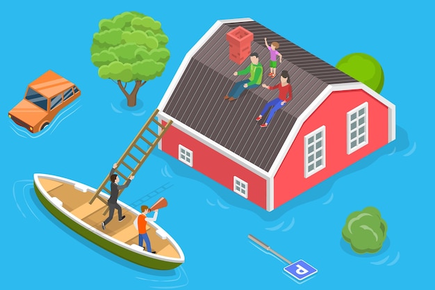Ilustración conceptual de la inundación con vector plano isométrico 3D