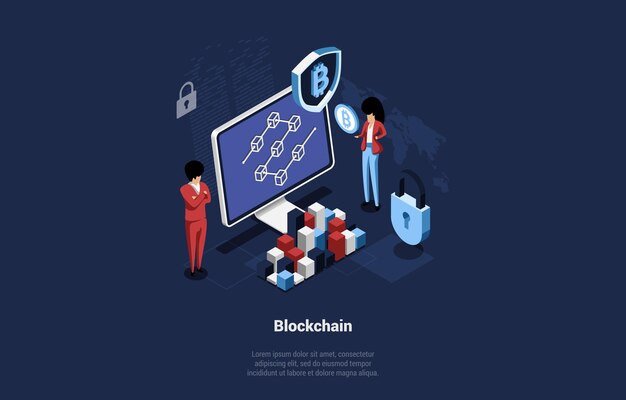 Ilustración conceptual isométrica de Blockchain Mining