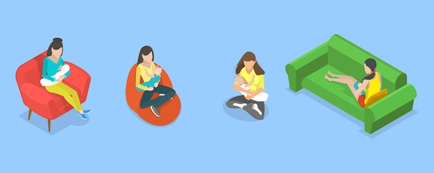 Ilustración conceptual de la lactancia materna con vectores planos isométricos en 3D