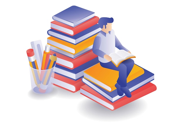 Vector ilustración conceptual de la lectura de los estudiantes en la pila de libros