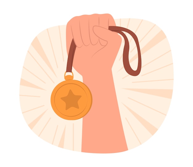 Ilustración conceptual de una mano humana levantando una medalla de oro por ganar un premio