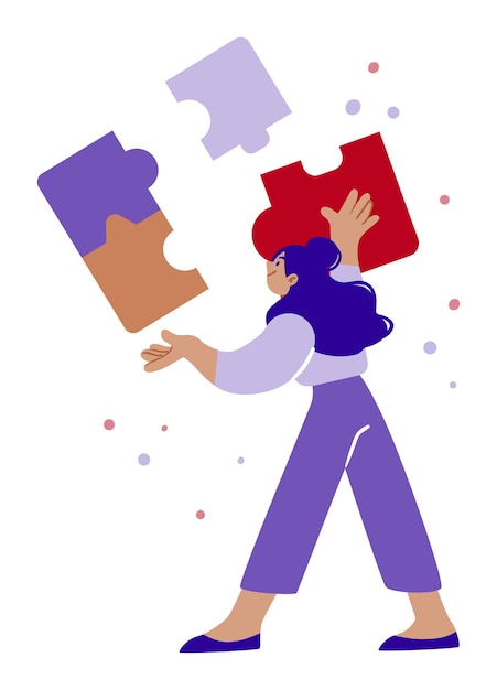 Ilustración conceptual de una mujer montando piezas de rompecabezas