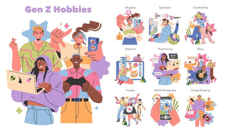 Ilustración conceptual de pasatiempos de la Generación Z que captura a diversos jóvenes adultos involucrados en actividades populares como