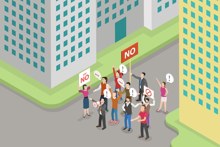 Vector ilustración conceptual de una revolución o demostración con vector plano isométrico 3d