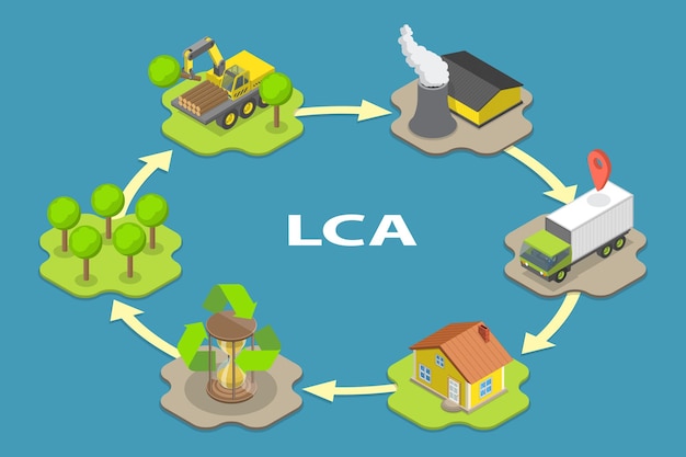 Ilustración conceptual de vector plano isométrico 3D de la ACV como evaluación del ciclo de vida