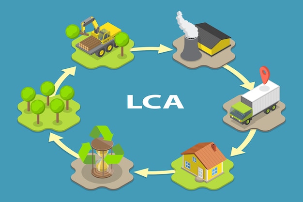 Vector ilustración conceptual de vector plano isométrico 3d de la acv como evaluación del ciclo de vida